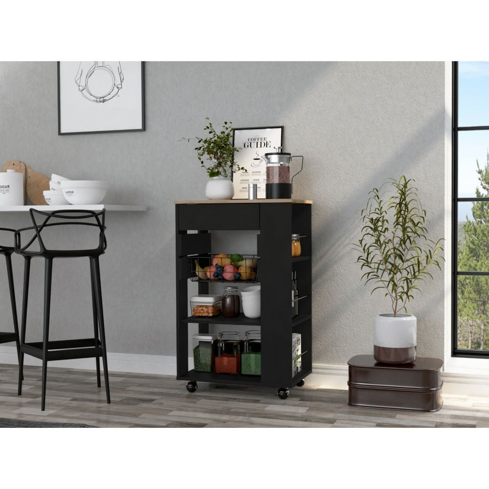 Sleek Black and Light Oak Portable Kitchen Cart By Homeroots | Kitchen Carts | Modishstore