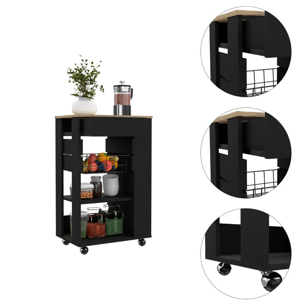 Sleek Black and Light Oak Portable Kitchen Cart By Homeroots | Kitchen Carts | Modishstore - 3