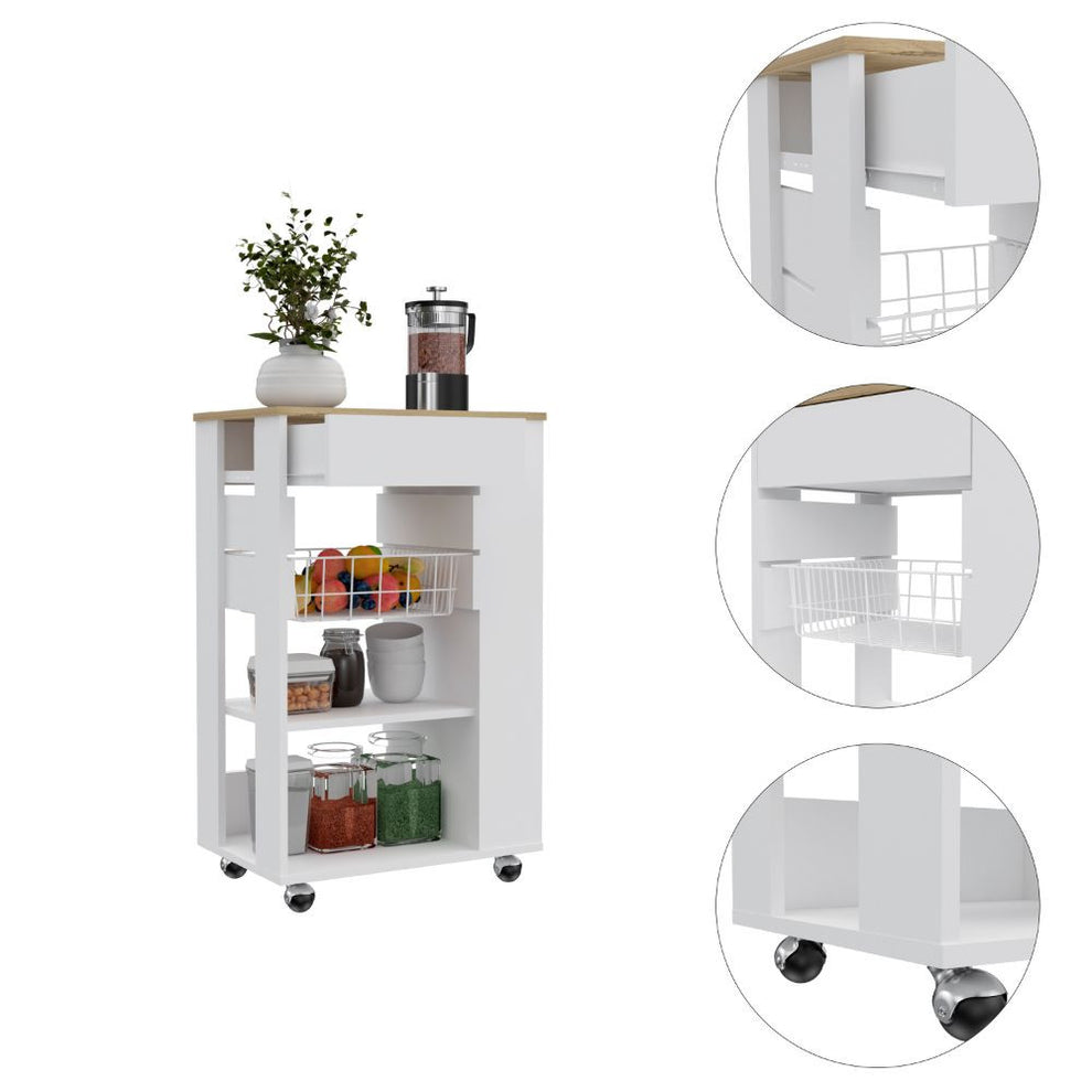 Sleek White and Light Oak Portable Kitchen Cart By Homeroots | Kitchen Carts | Modishstore - 3