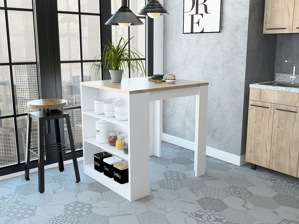 Stylish White and Pine Kitchen Counter and Dining Table Combination By Homeroots | Kitchen Carts | Modishstore