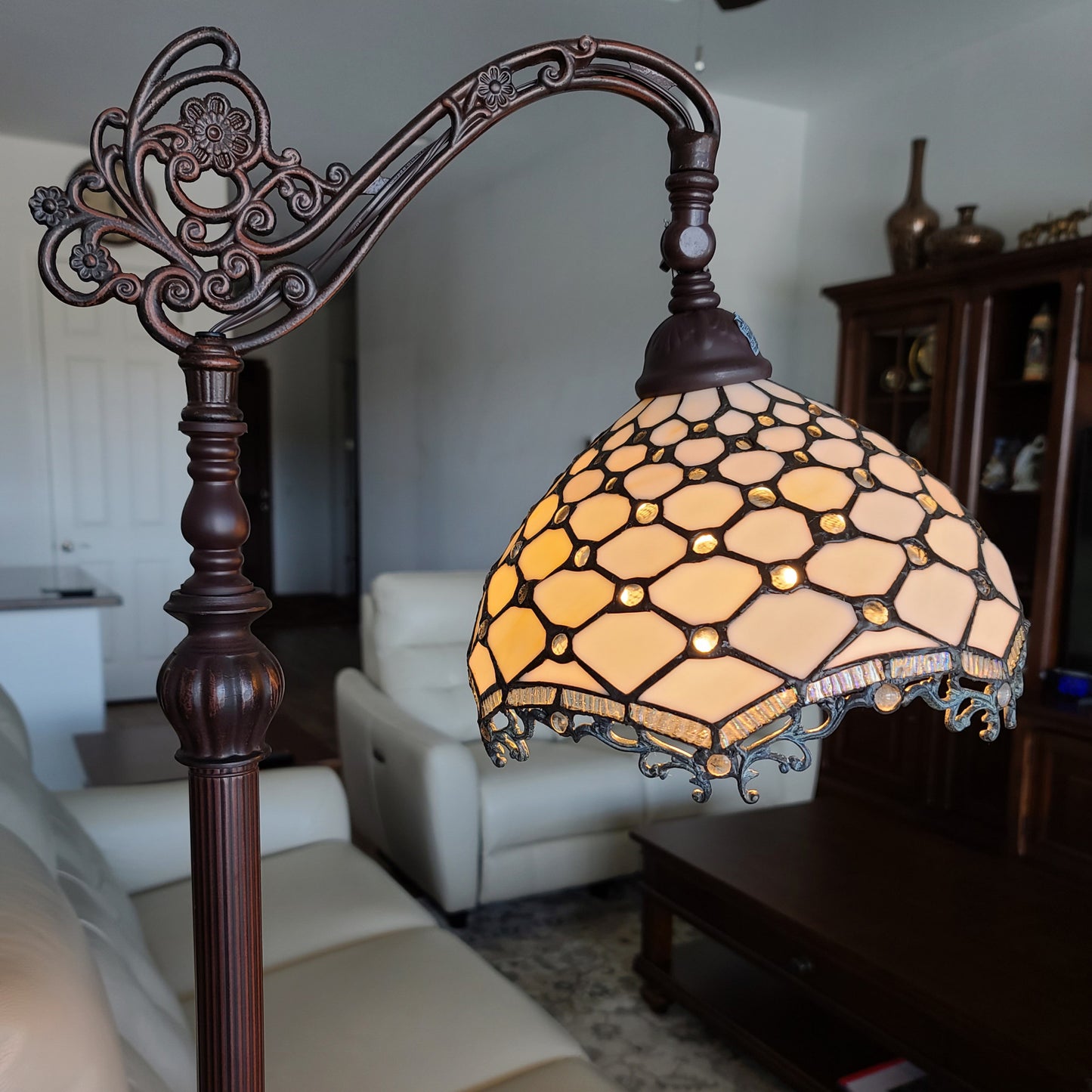 62" Brown Traditional Shaped Floor Lamp With White Tiffany Glass Bowl Shade By Homeroots | Floor Lamps | Modishstore - 2