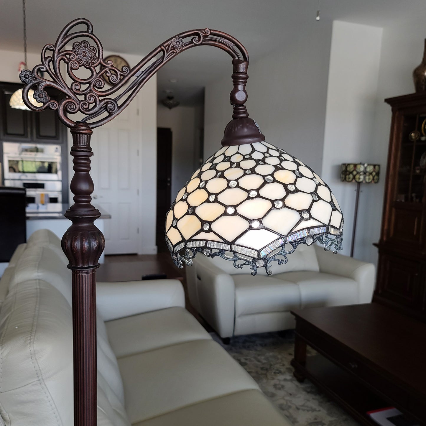 62" Brown Traditional Shaped Floor Lamp With White Tiffany Glass Bowl Shade By Homeroots | Floor Lamps | Modishstore - 7