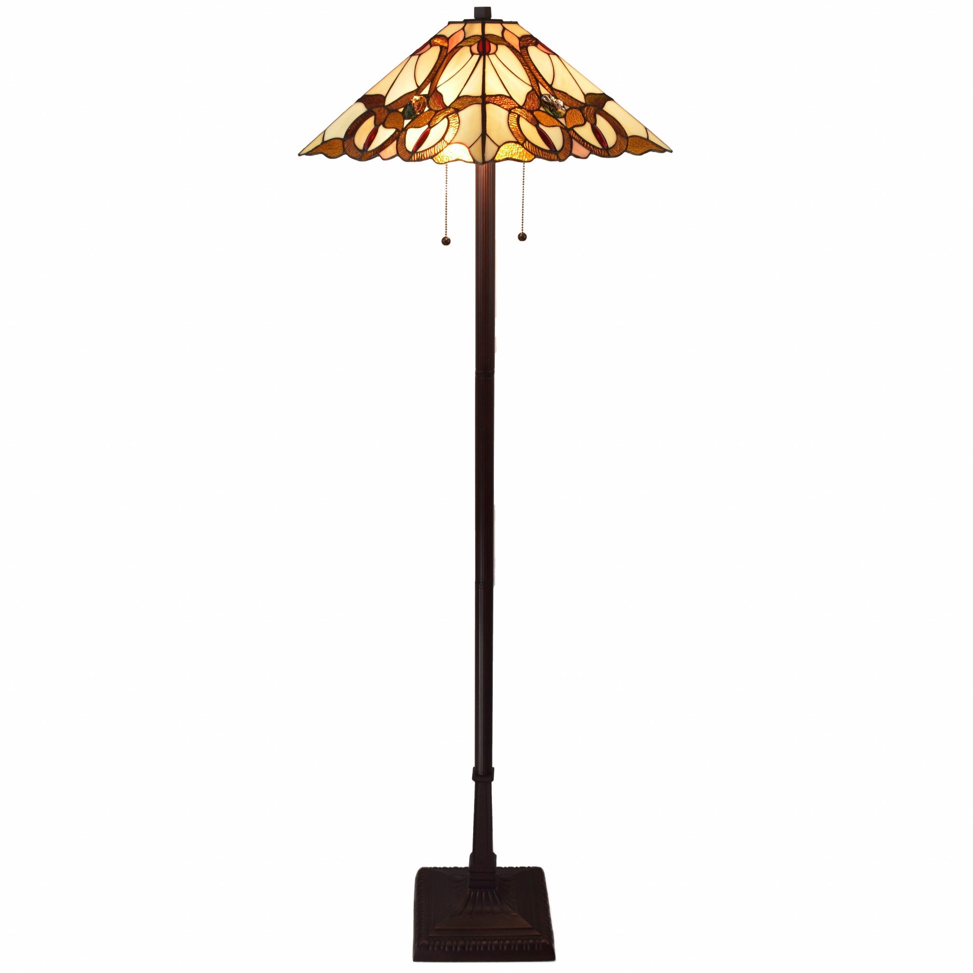 62" Brown Two Lights Traditional Shaped Floor Lamp With Brown And White Stained Glass Cone Shade By Homeroots | Floor Lamps | Modishstore - 2