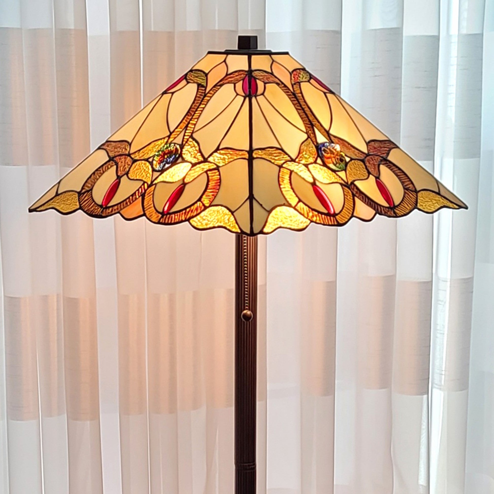 62" Brown Two Lights Traditional Shaped Floor Lamp With Brown And White Stained Glass Cone Shade By Homeroots | Floor Lamps | Modishstore - 2