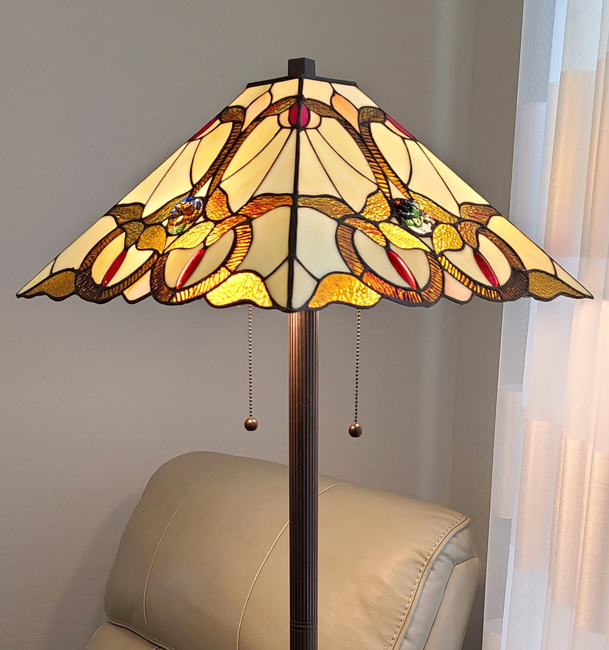 62" Brown Two Lights Traditional Shaped Floor Lamp With Brown And White Stained Glass Cone Shade By Homeroots | Floor Lamps | Modishstore - 3