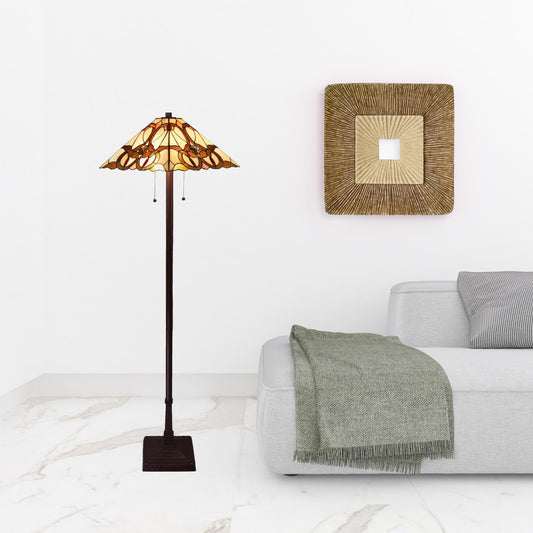 62" Brown Two Lights Traditional Shaped Floor Lamp With Brown And White Stained Glass Cone Shade By Homeroots | Floor Lamps | Modishstore