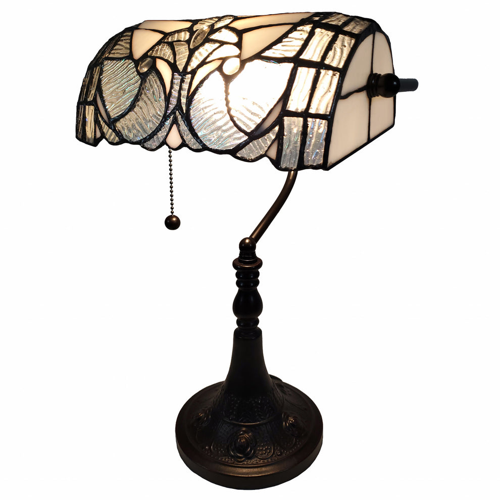 16" Tiffany Style White and Gray Banker Desk Lamp By Homeroots | Table Lamps | Modishstore - 4