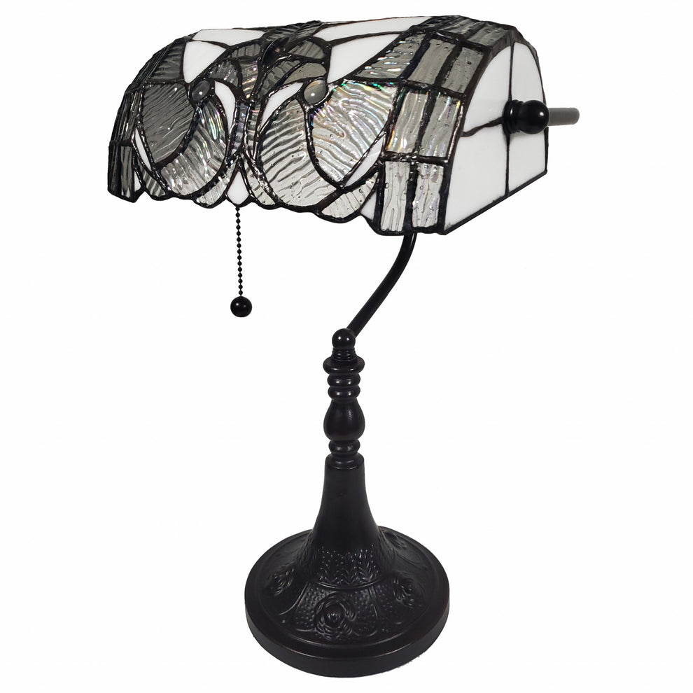 16" Tiffany Style White and Gray Banker Desk Lamp By Homeroots | Table Lamps | Modishstore - 5