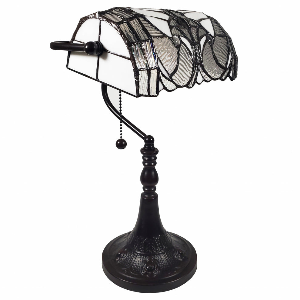 16" Tiffany Style White and Gray Banker Desk Lamp By Homeroots | Table Lamps | Modishstore - 6