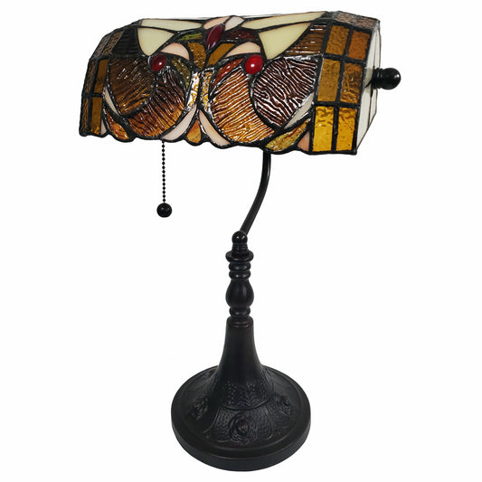 16" Tiffany Style Brown and Orange Banker Desk Lamp By Homeroots | Table Lamps | Modishstore
