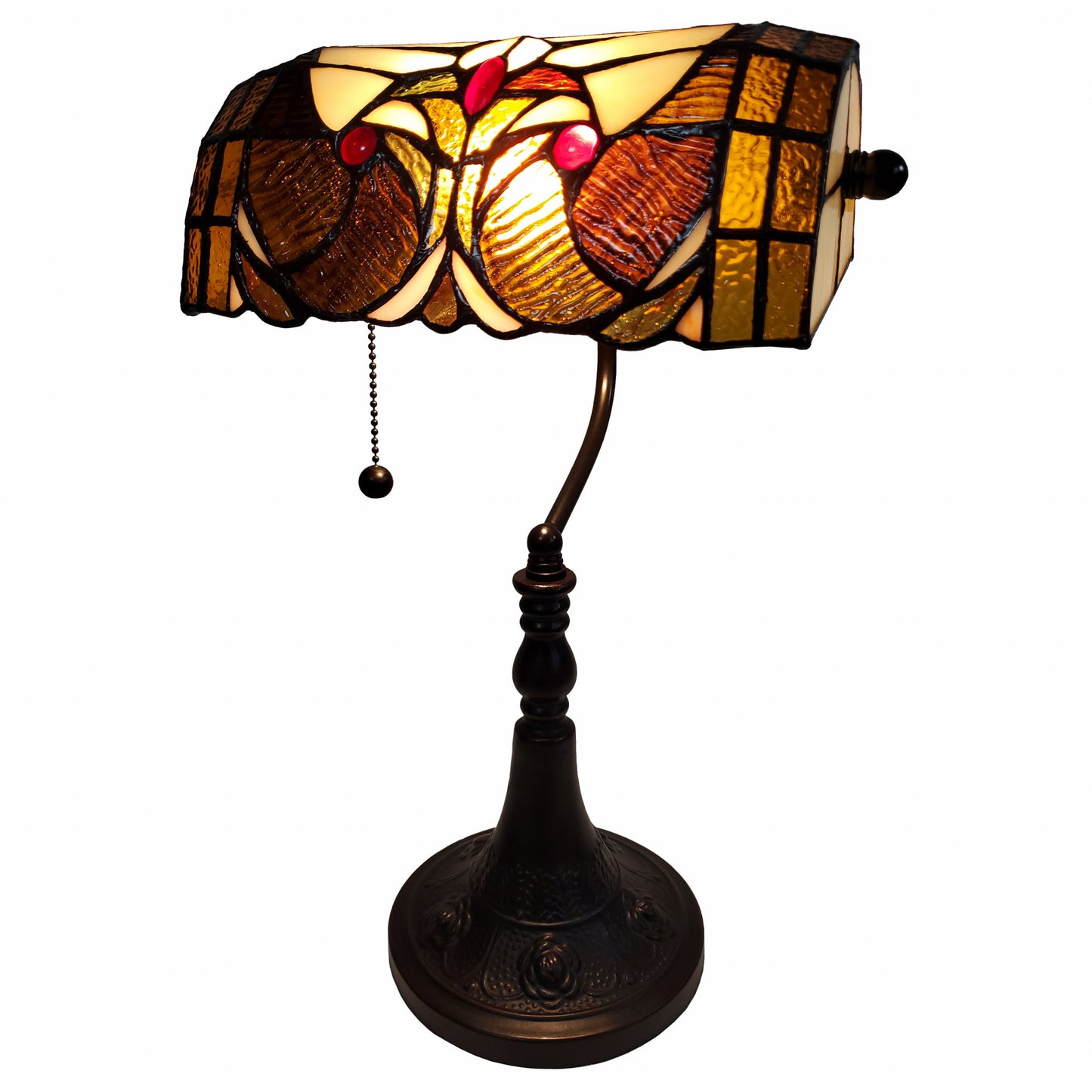16" Tiffany Style Brown and Orange Banker Desk Lamp By Homeroots | Table Lamps | Modishstore - 3
