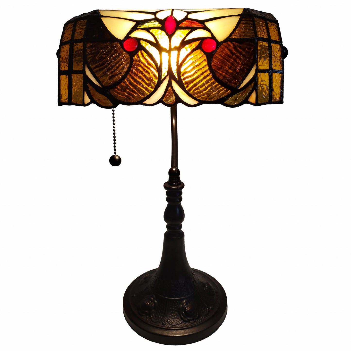 16" Tiffany Style Brown and Orange Banker Desk Lamp By Homeroots | Table Lamps | Modishstore - 4