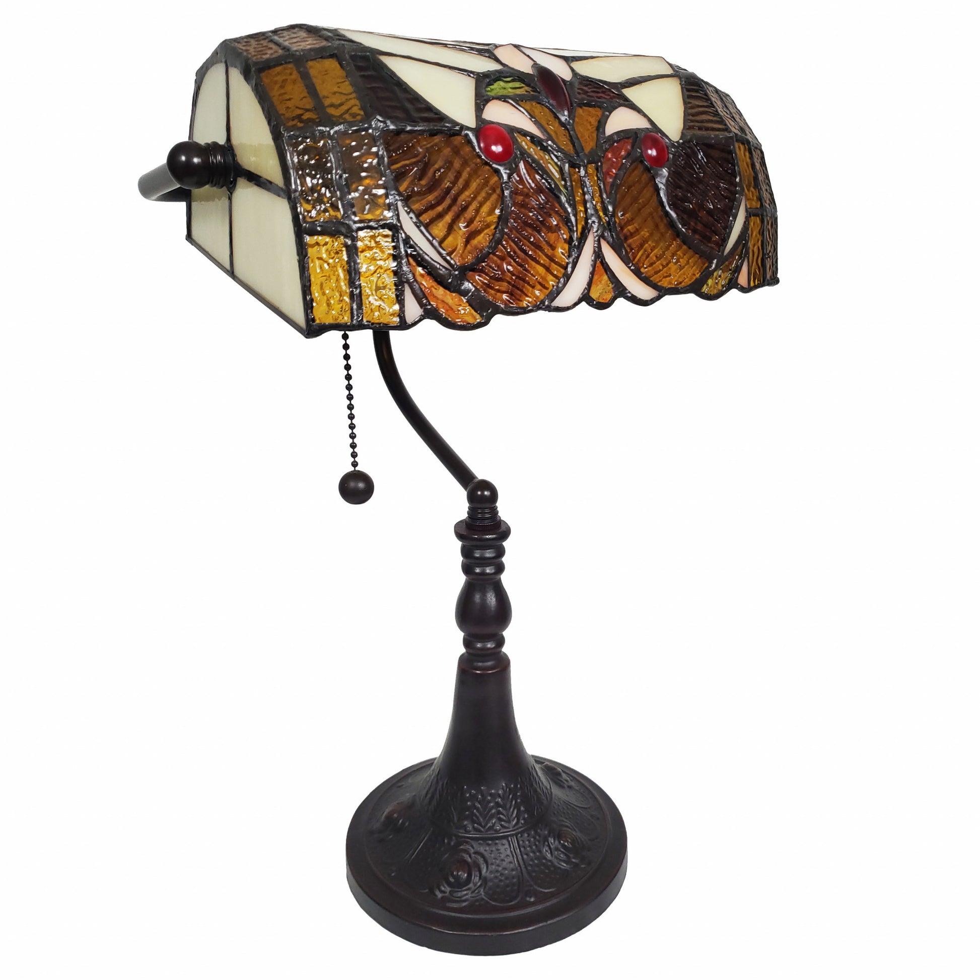16" Tiffany Style Brown and Orange Banker Desk Lamp By Homeroots | Table Lamps | Modishstore - 5