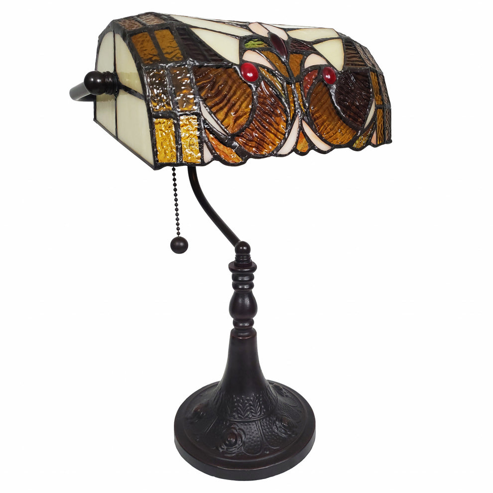 16" Tiffany Style Brown and Orange Banker Desk Lamp By Homeroots | Table Lamps | Modishstore - 5