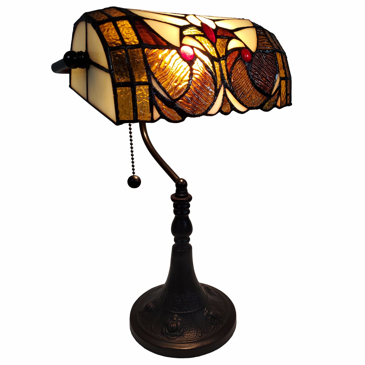16" Tiffany Style Brown and Orange Banker Desk Lamp By Homeroots | Table Lamps | Modishstore - 8