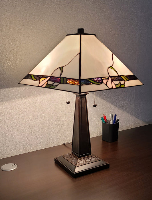 23" White Stained Glass Floral Two Light Mission Style Table Lamp By Homeroots | Table Lamps | Modishstore