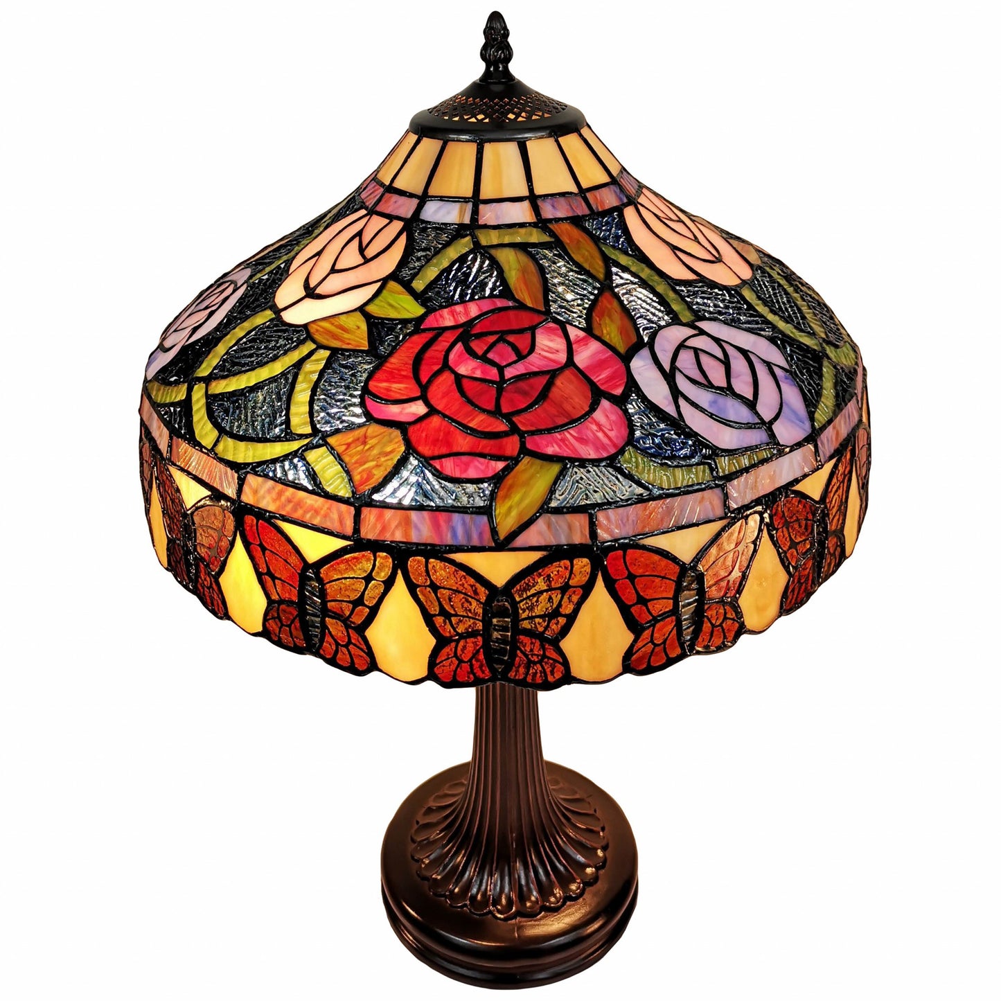 24" Stained Glass Red Roses Accent Table Lamp By Homeroots | Table Lamps | Modishstore - 2