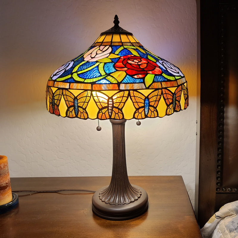 24" Stained Glass Red Roses Accent Table Lamp By Homeroots | Table Lamps | Modishstore
