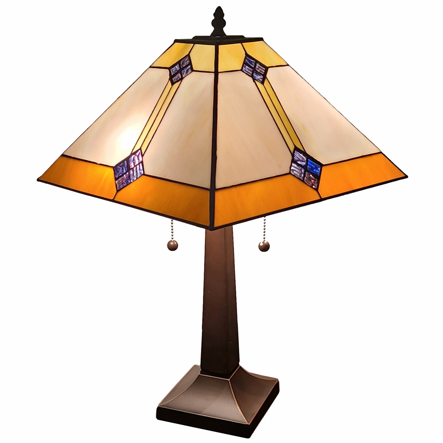 21" Amber Cream and Blue Stained Glass Two Light Mission Style Table Lamp By Homeroots | Table Lamps | Modishstore - 2