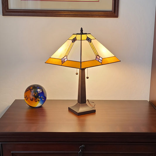 21" Amber Cream and Blue Stained Glass Two Light Mission Style Table Lamp By Homeroots | Table Lamps | Modishstore - 3
