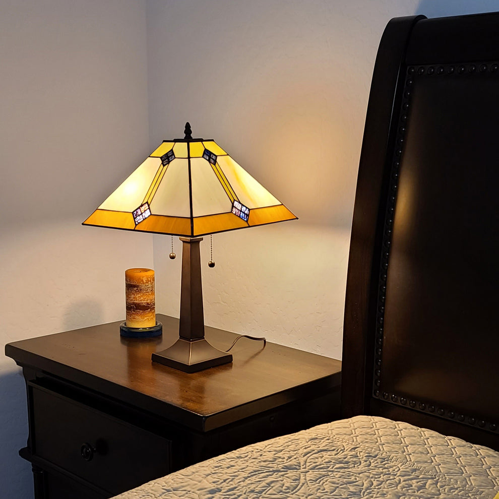 21" Amber Cream and Blue Stained Glass Two Light Mission Style Table Lamp By Homeroots | Table Lamps | Modishstore - 4