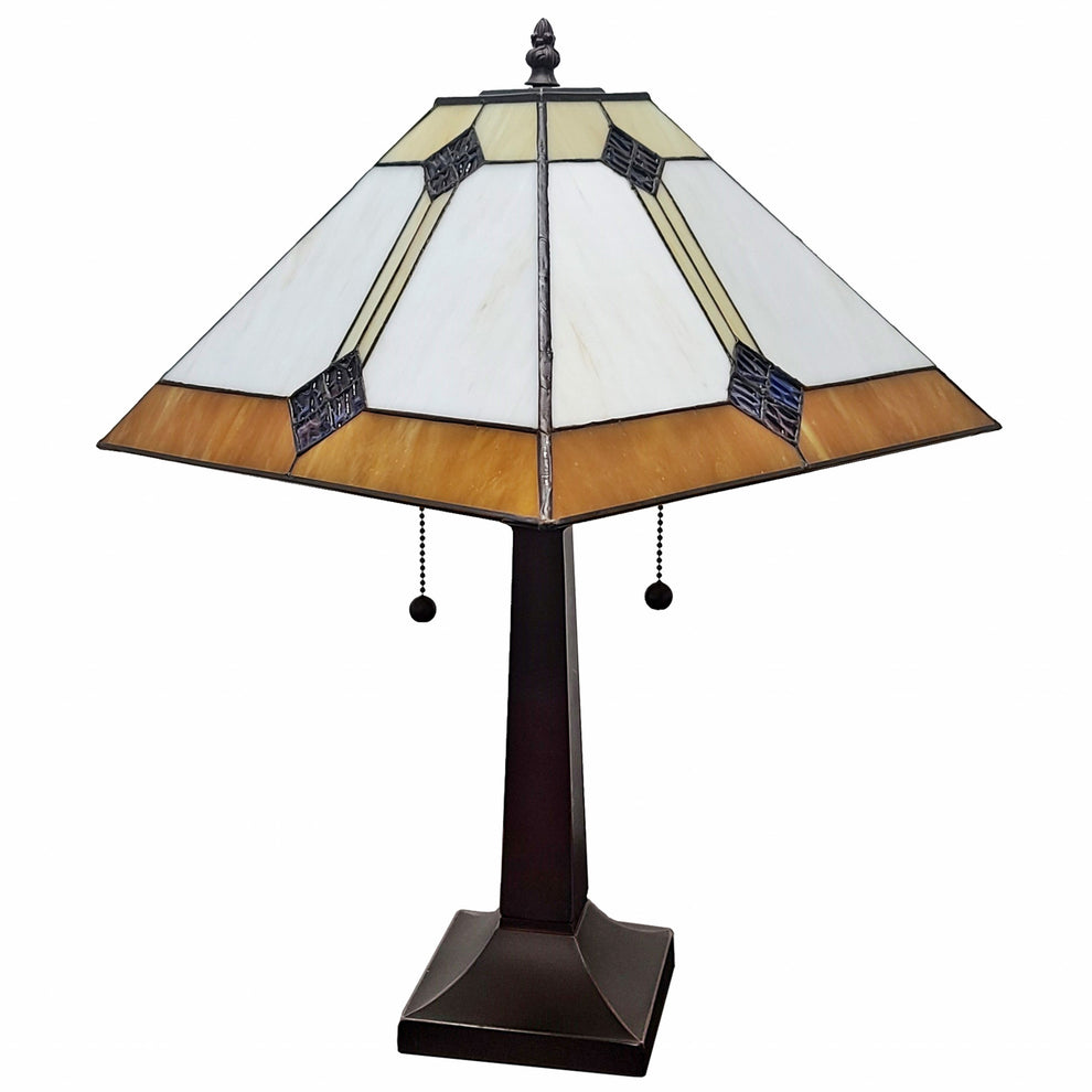 21" Amber Cream and Blue Stained Glass Two Light Mission Style Table Lamp By Homeroots | Table Lamps | Modishstore - 5
