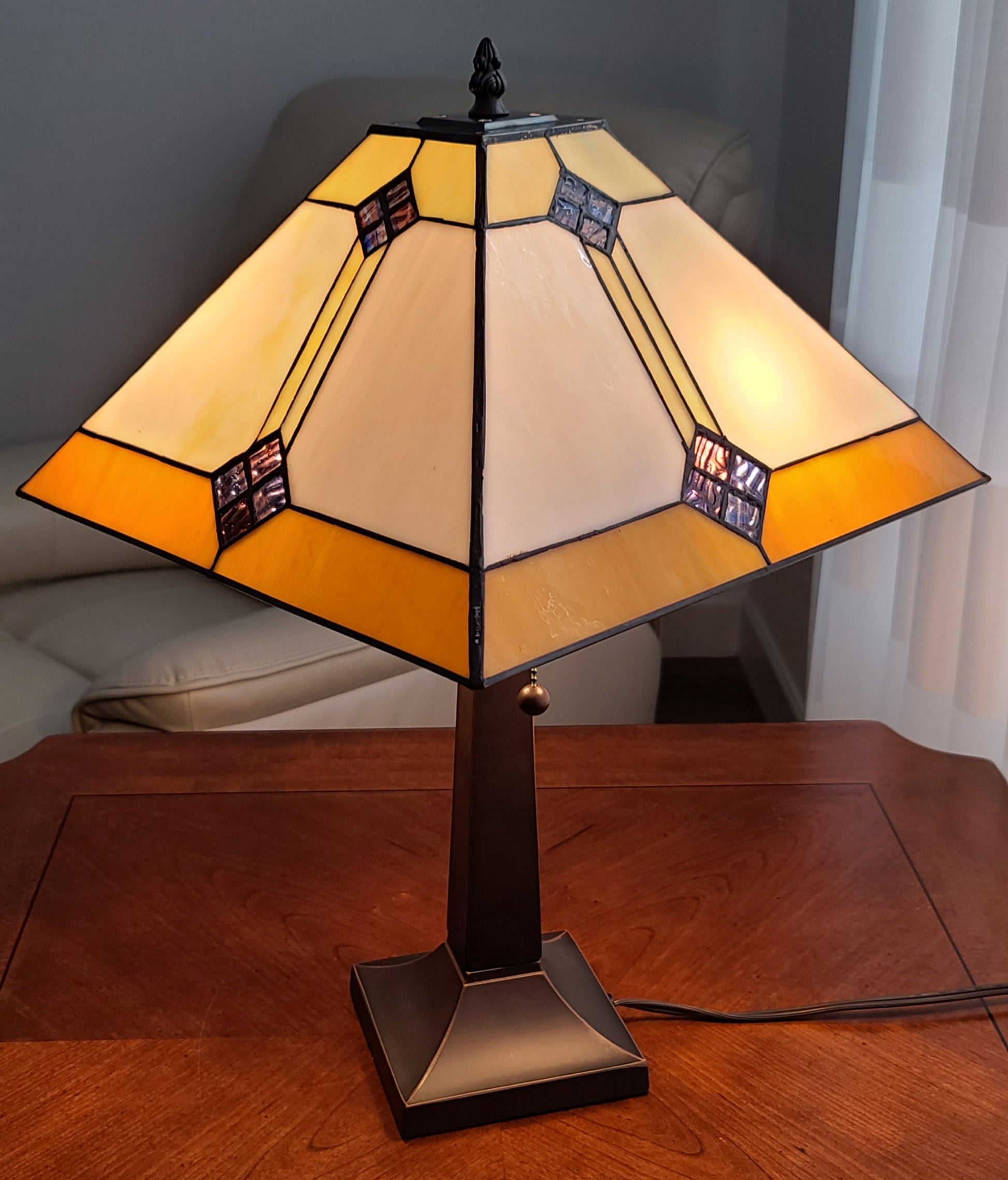 21" Amber Cream and Blue Stained Glass Two Light Mission Style Table Lamp By Homeroots | Table Lamps | Modishstore - 7