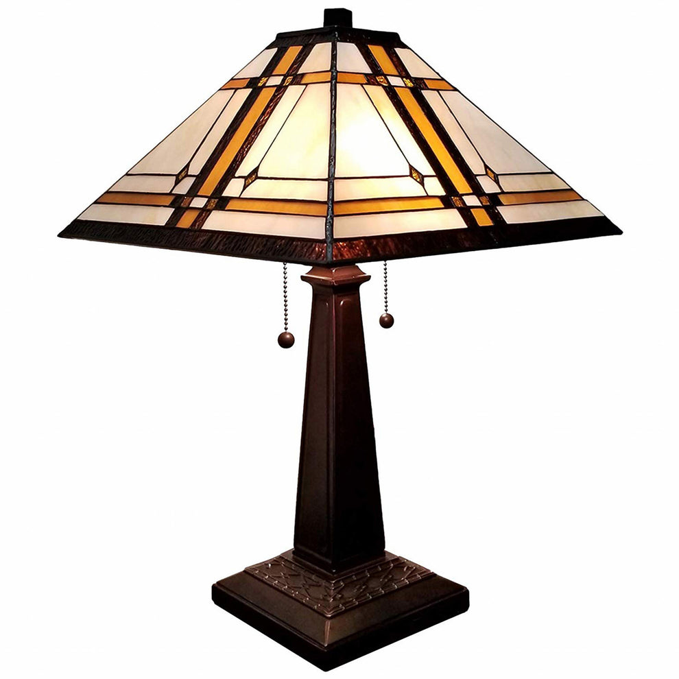 23" White Amber and Brown Stained Glass Two Light Mission Style Table Lamp By Homeroots | Table Lamps | Modishstore - 2