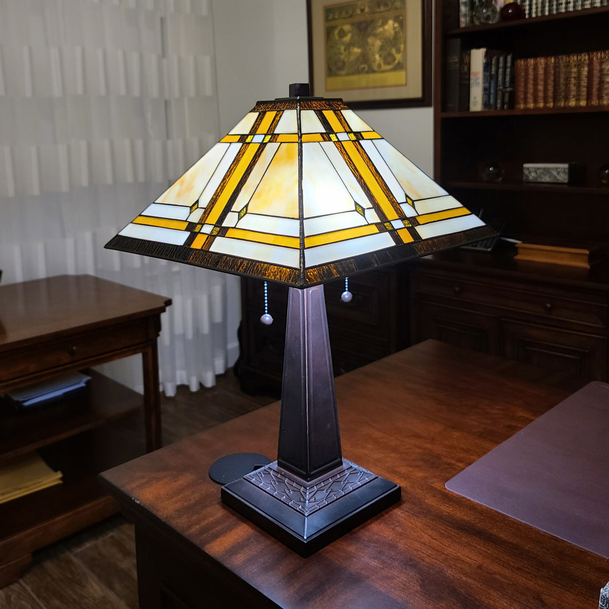 23" White Amber and Brown Stained Glass Two Light Mission Style Table Lamp By Homeroots | Table Lamps | Modishstore
