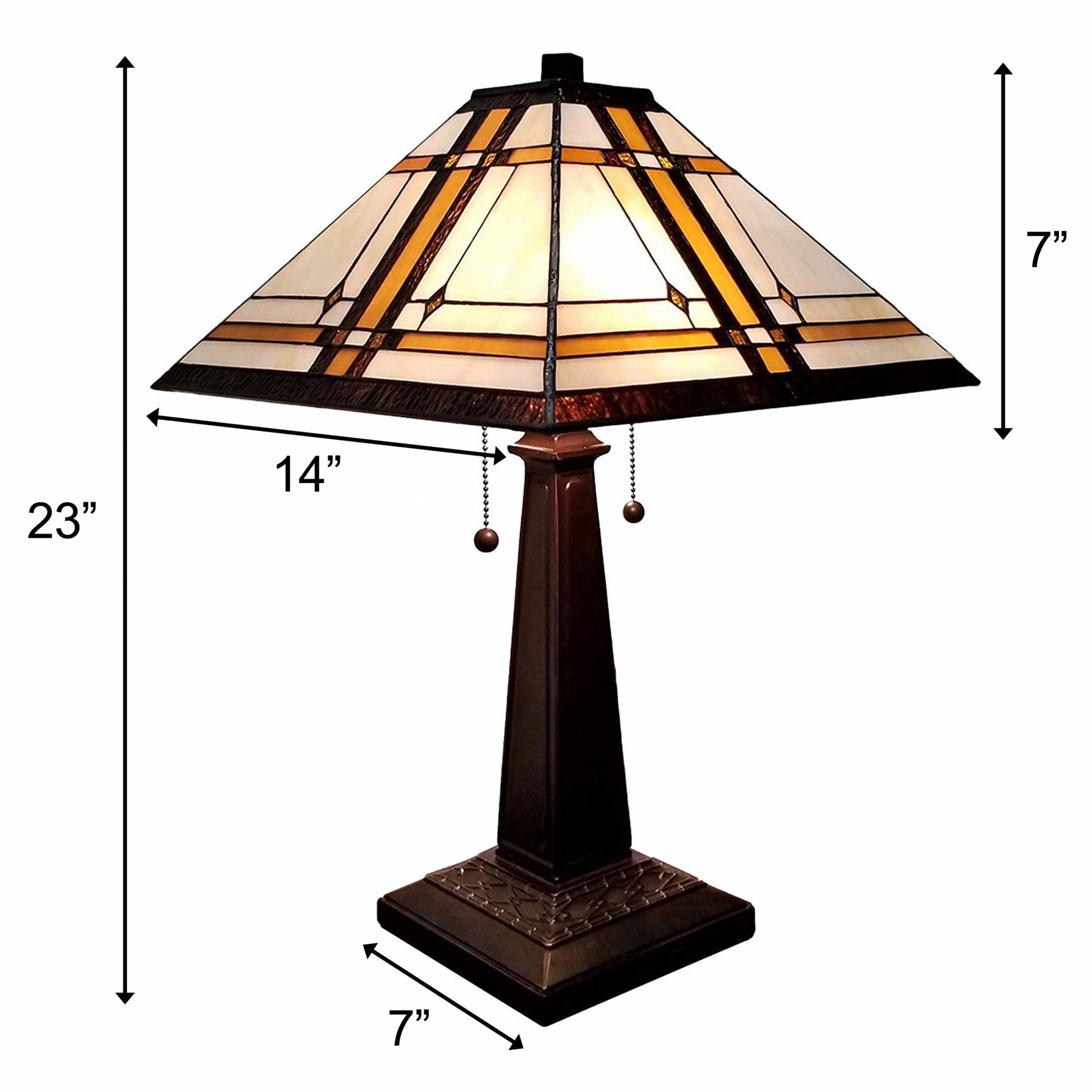 23" White Amber and Brown Stained Glass Two Light Mission Style Table Lamp By Homeroots | Table Lamps | Modishstore - 4