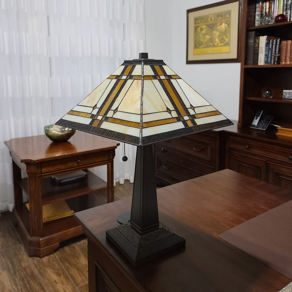 23" White Amber and Brown Stained Glass Two Light Mission Style Table Lamp By Homeroots | Table Lamps | Modishstore - 6