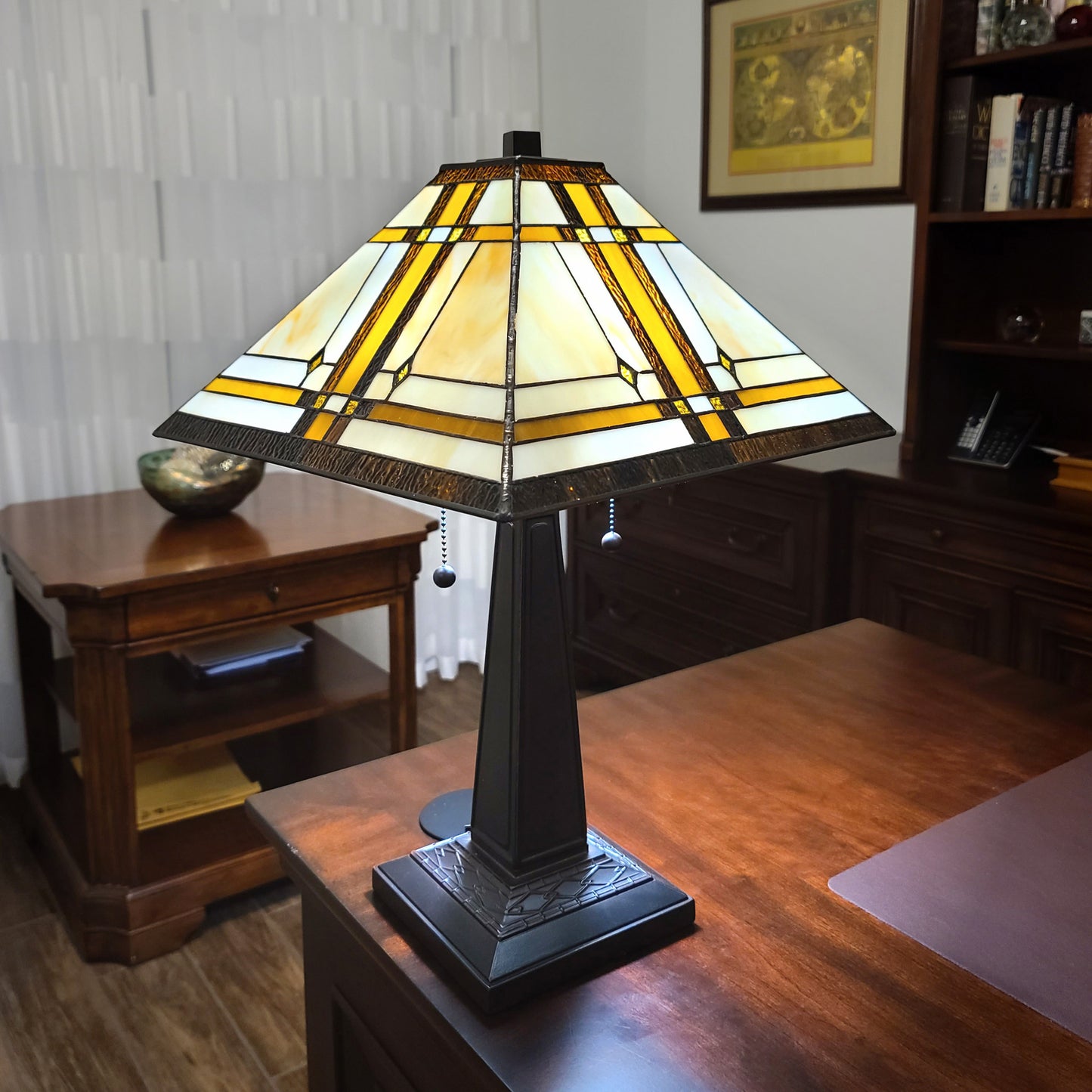 23" White Amber and Brown Stained Glass Two Light Mission Style Table Lamp By Homeroots | Table Lamps | Modishstore - 7