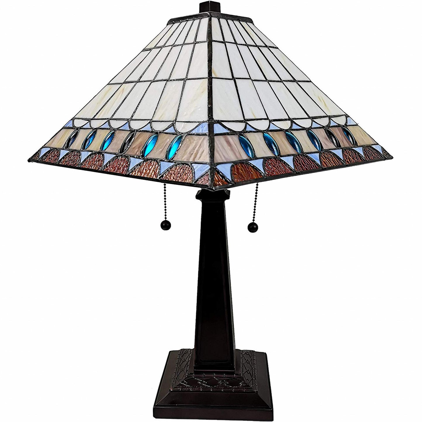 23" White Amber and Teal Stained Glass Two Light Mission Style Table Lamp By Homeroots | Table Lamps | Modishstore - 2