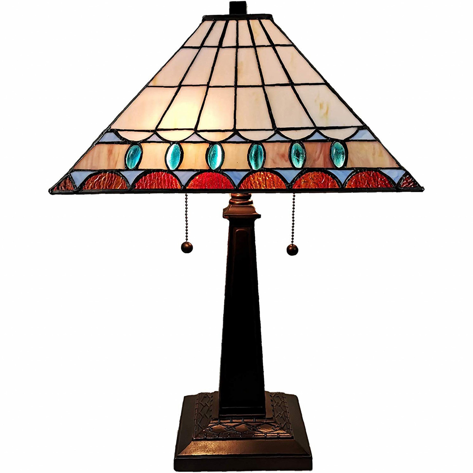 23" White Amber and Teal Stained Glass Two Light Mission Style Table Lamp By Homeroots | Table Lamps | Modishstore - 4
