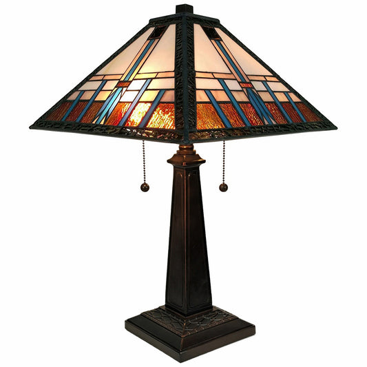 23" Cream Amber and Teal Stained Glass Two Light Mission Style Table Lamp By Homeroots | Table Lamps | Modishstore