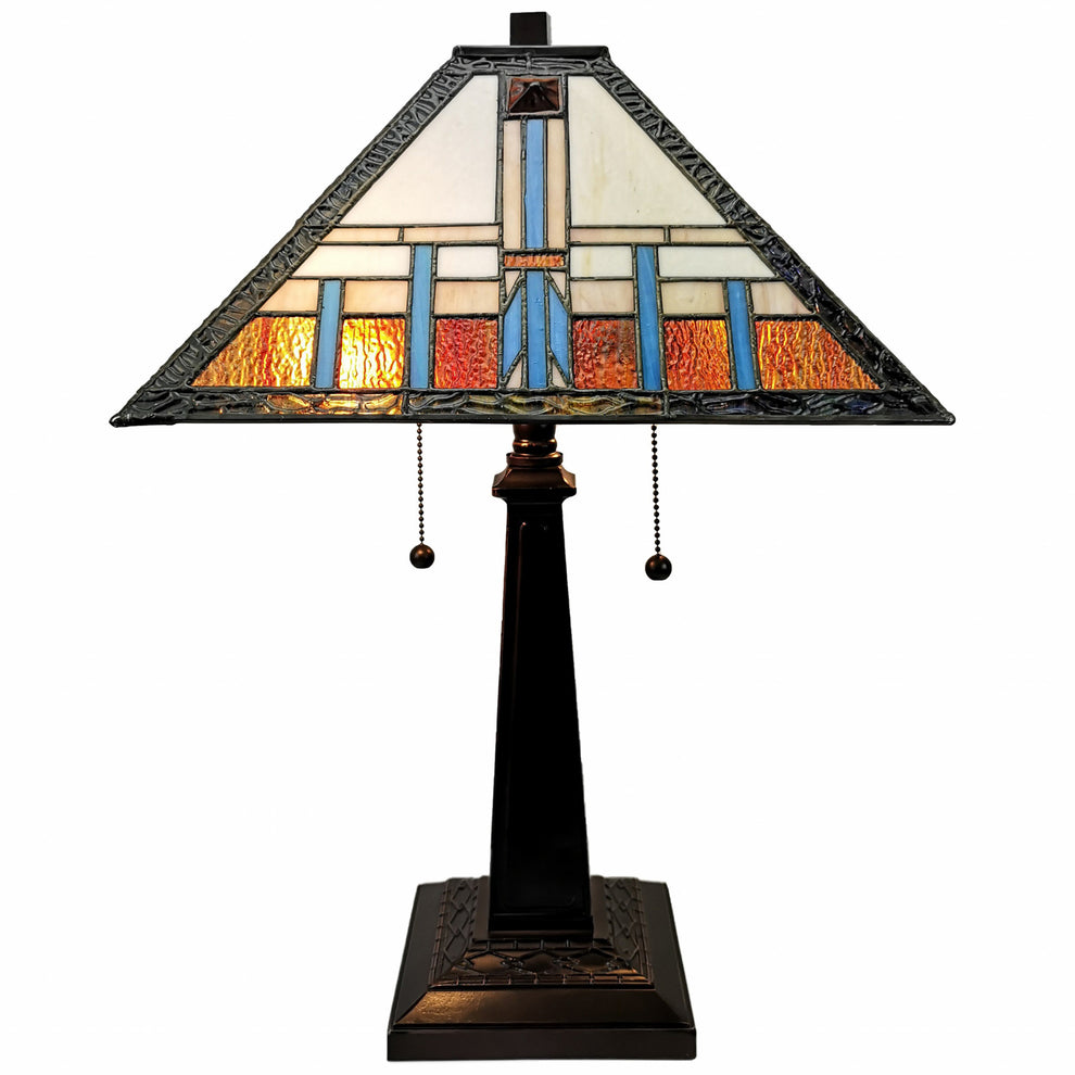 23" Cream Amber and Teal Stained Glass Two Light Mission Style Table Lamp By Homeroots | Table Lamps | Modishstore - 2