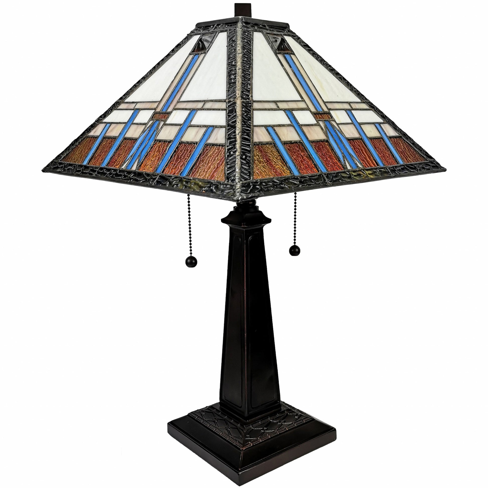 23" Cream Amber and Teal Stained Glass Two Light Mission Style Table Lamp By Homeroots | Table Lamps | Modishstore - 5
