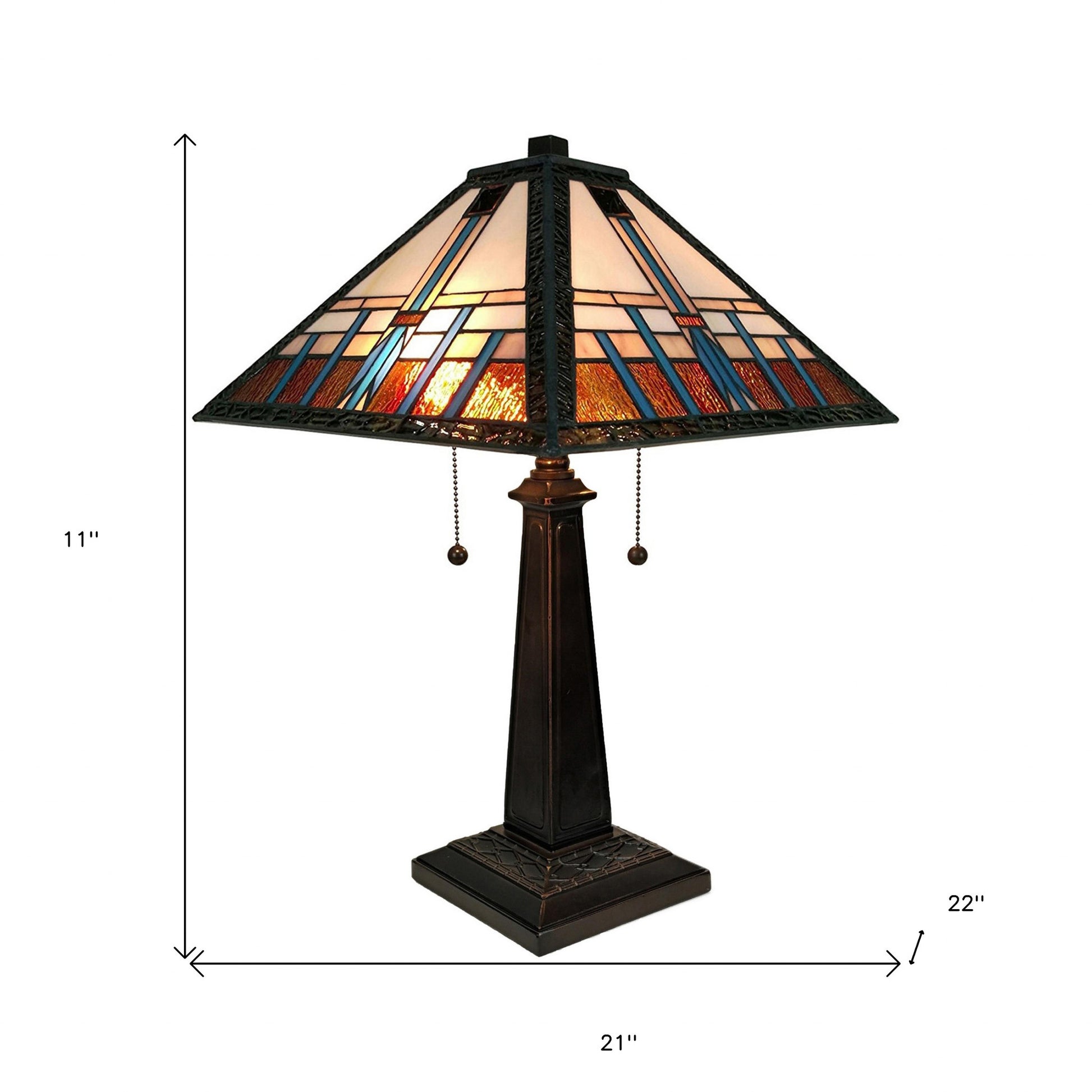 23" Cream Amber and Teal Stained Glass Two Light Mission Style Table Lamp By Homeroots | Table Lamps | Modishstore - 6
