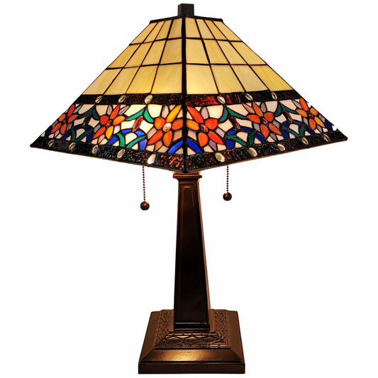 23" Stained Glass Two Light Mission Style Table Lamp with Floral Glass Shade By Homeroots | Table Lamps | Modishstore