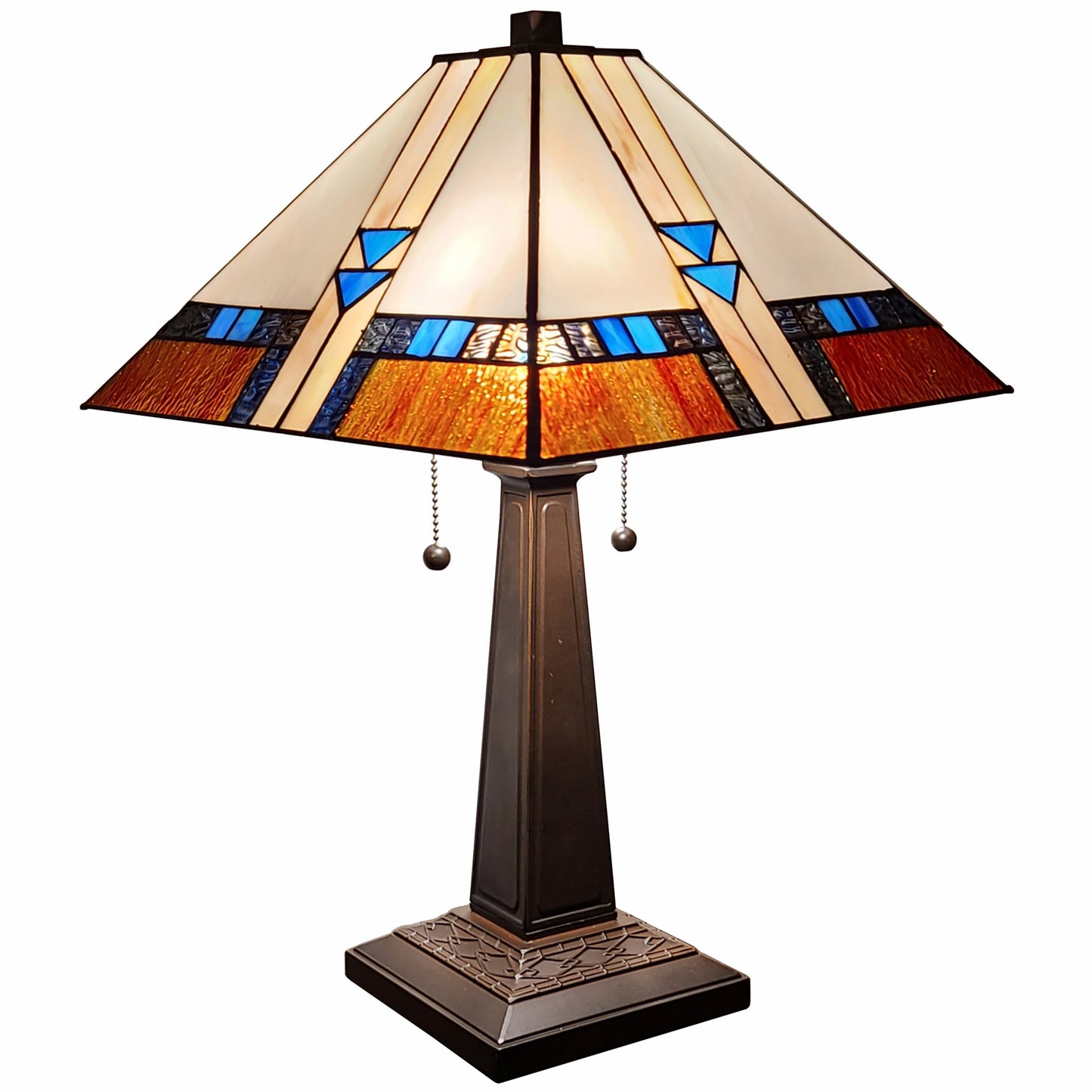 23" Cream Amber and Teal Arrow Stained Glass Two Light Mission Style Table Lamp By Homeroots | Table Lamps | Modishstore - 2