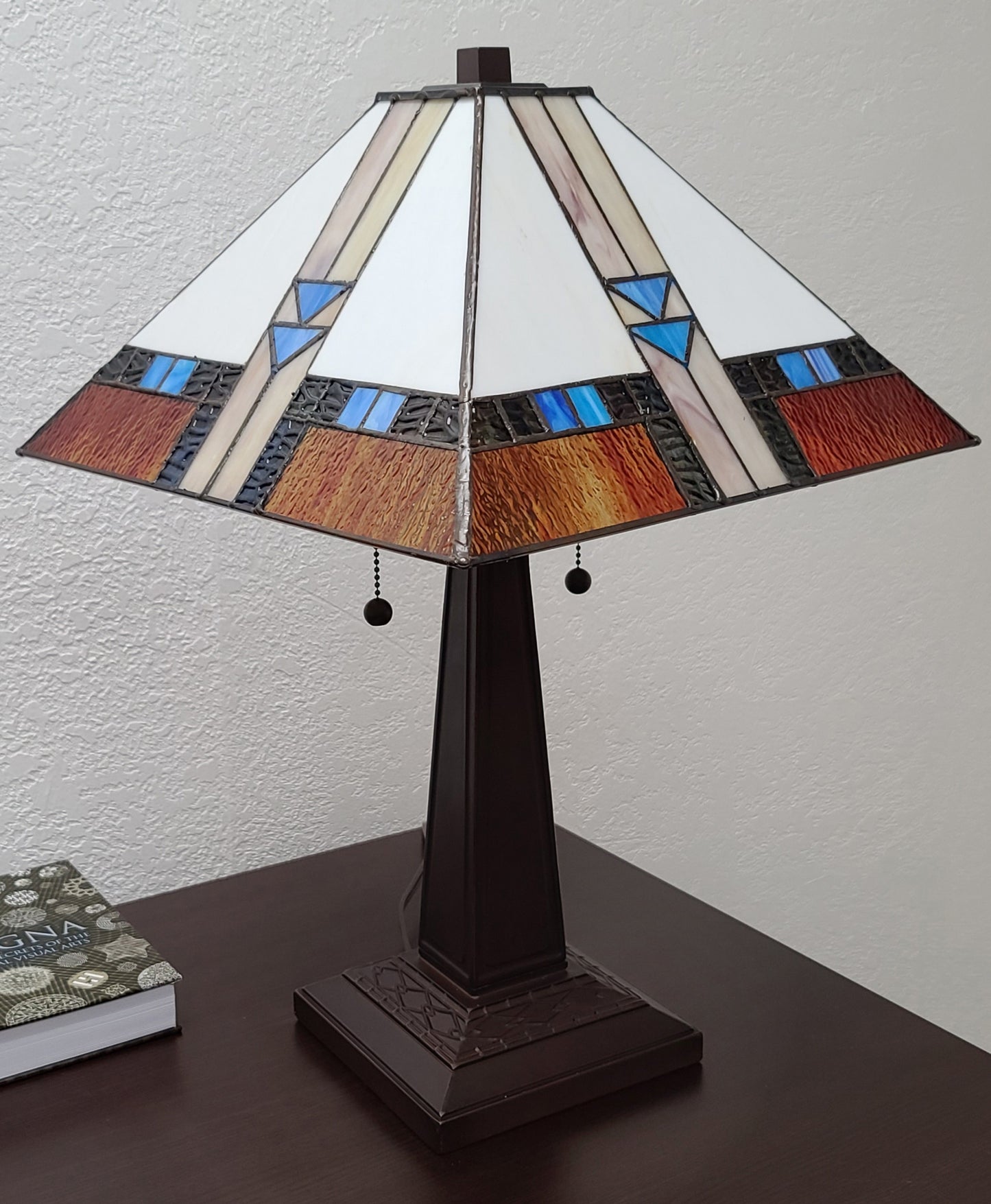 23" Cream Amber and Teal Arrow Stained Glass Two Light Mission Style Table Lamp By Homeroots | Table Lamps | Modishstore