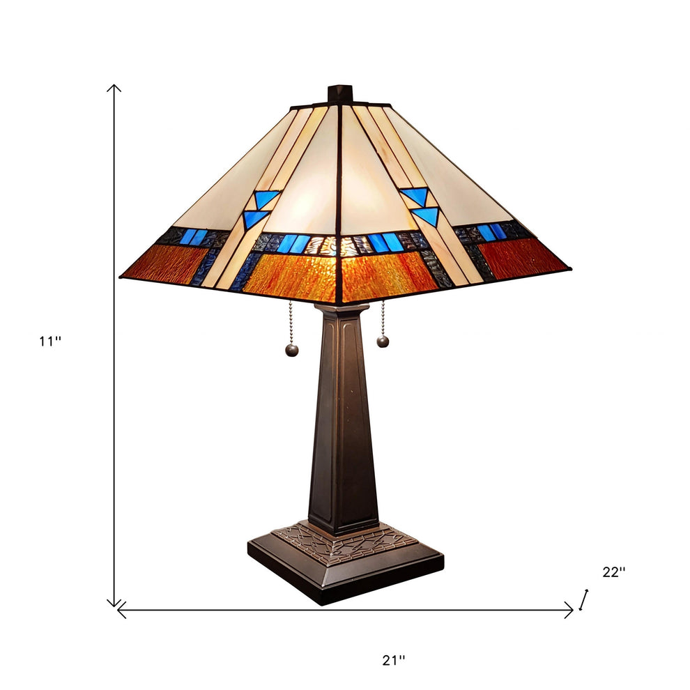 23" Cream Amber and Teal Arrow Stained Glass Two Light Mission Style Table Lamp By Homeroots | Table Lamps | Modishstore - 5