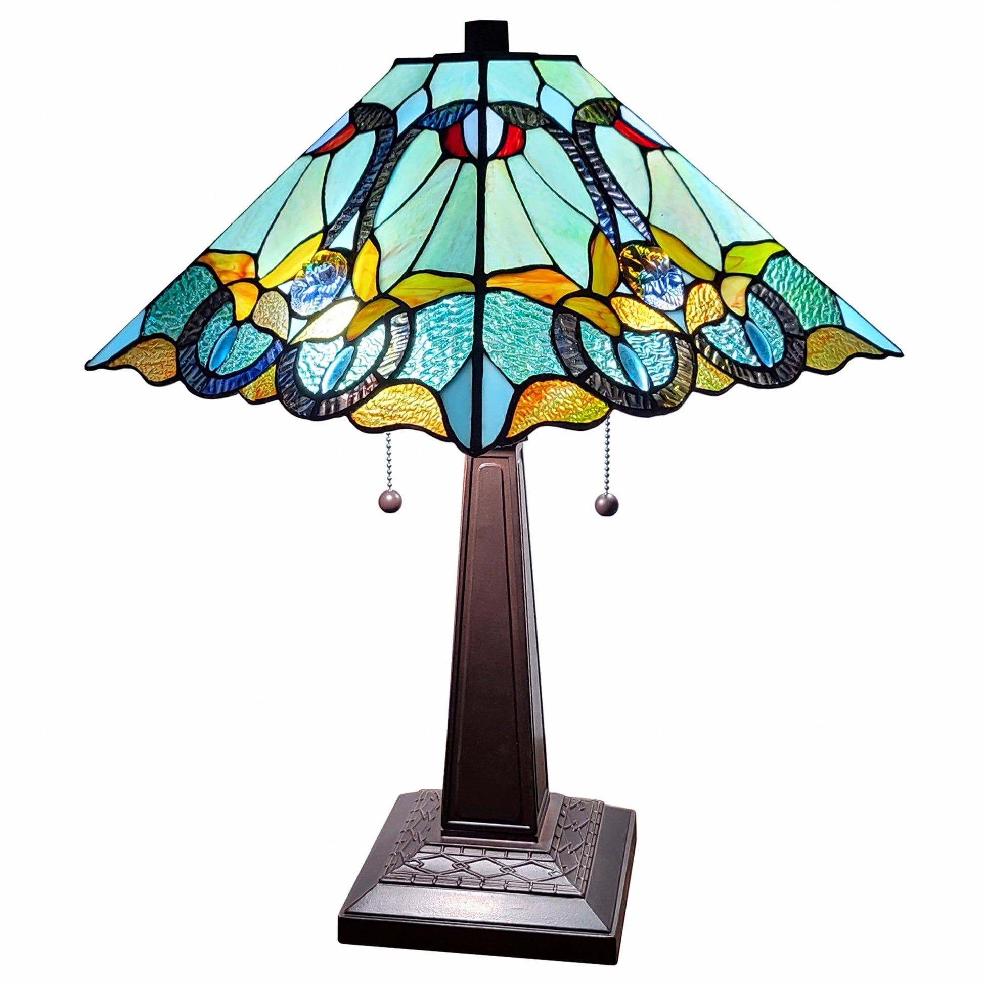 23" Aqua Blues and Amber Abstract Stained Glass Two Light Mission Style Table Lamp By Homeroots | Table Lamps | Modishstore
