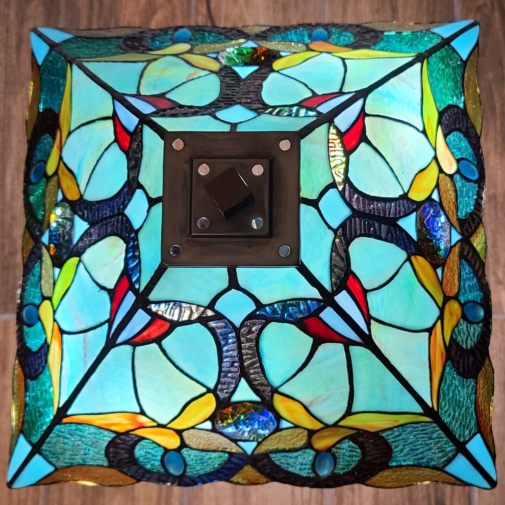 23" Aqua Blues and Amber Abstract Stained Glass Two Light Mission Style Table Lamp By Homeroots | Table Lamps | Modishstore - 3