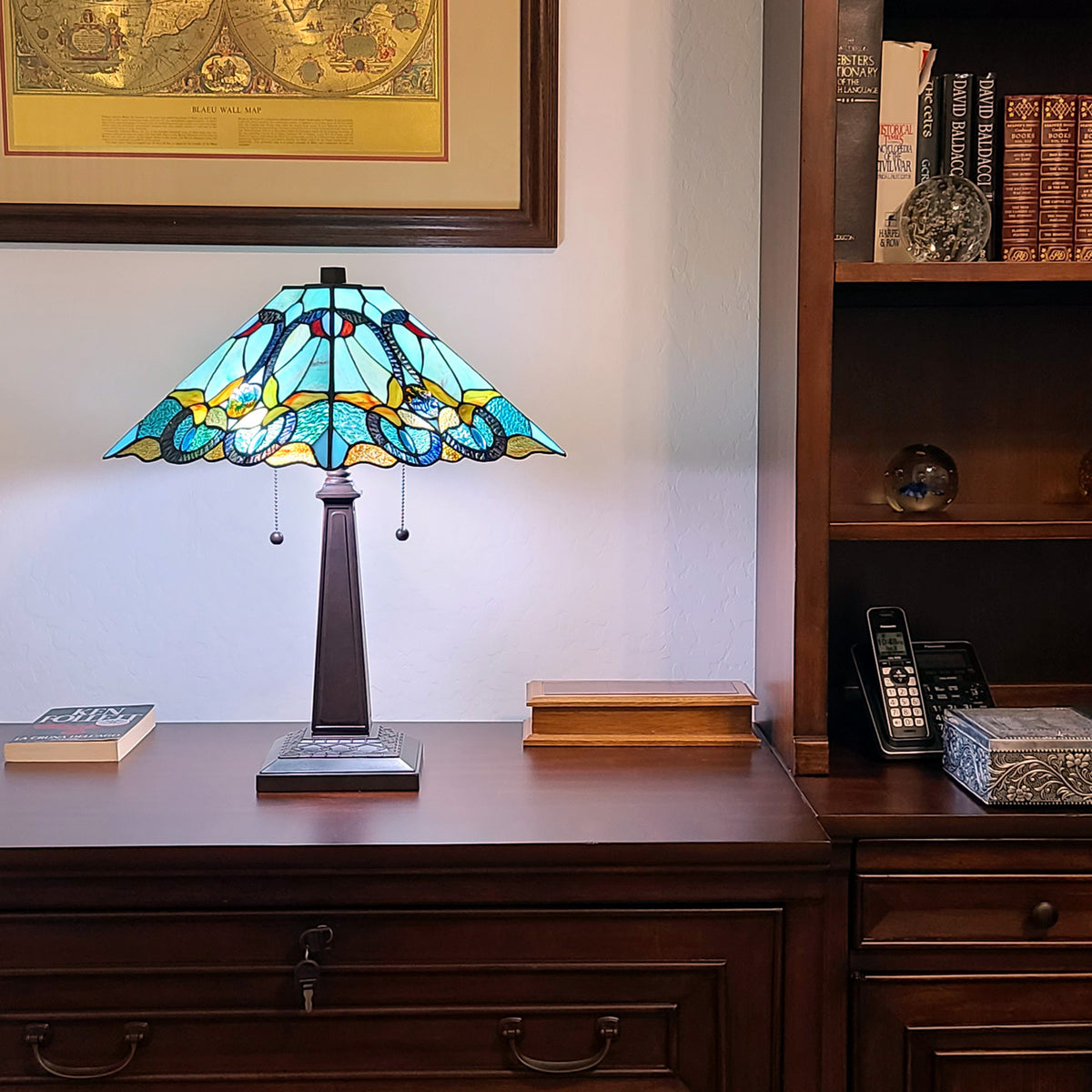 23" Aqua Blues and Amber Abstract Stained Glass Two Light Mission Style Table Lamp By Homeroots | Table Lamps | Modishstore