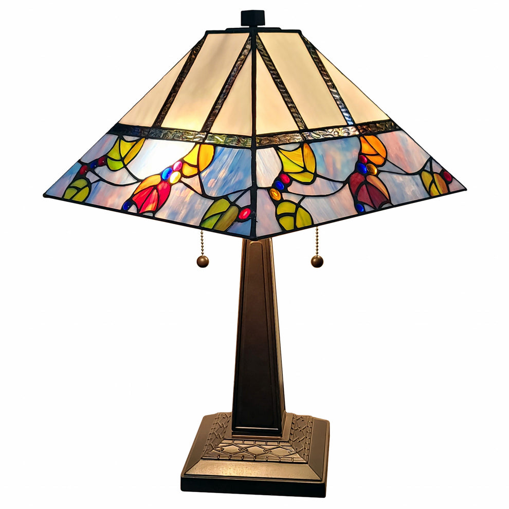 23" Cream and Blue Stained Glass Two Light Mission Style Table Lamp By Homeroots | Table Lamps | Modishstore - 2