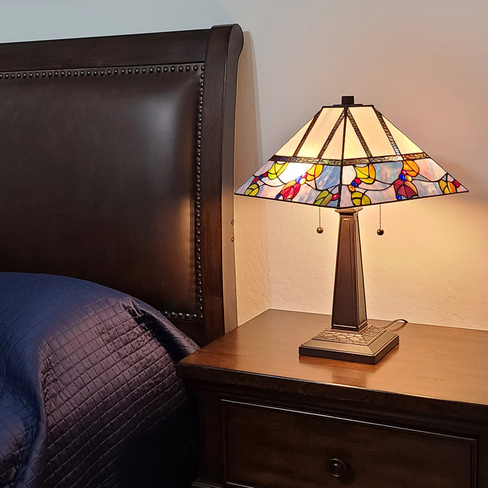 23" Cream and Blue Stained Glass Two Light Mission Style Table Lamp By Homeroots | Table Lamps | Modishstore - 3