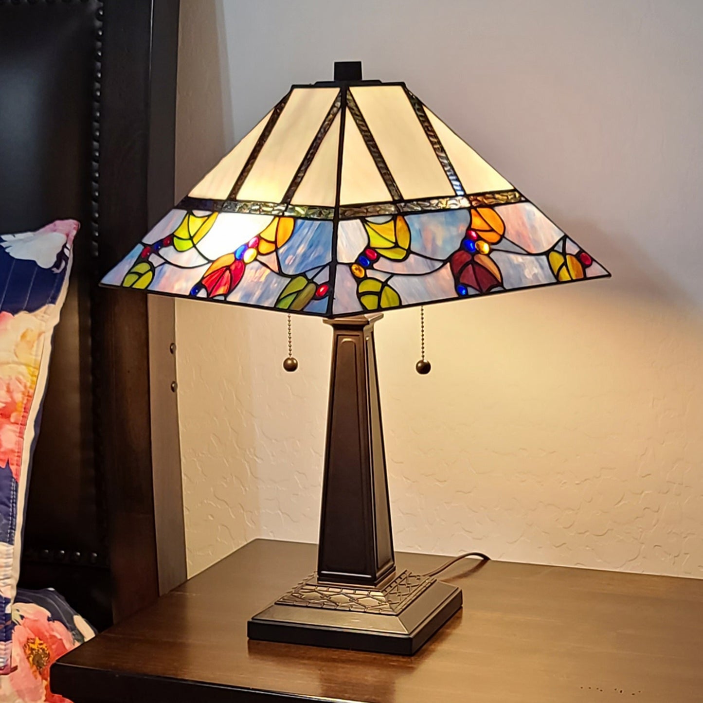 23" Cream and Blue Stained Glass Two Light Mission Style Table Lamp By Homeroots | Table Lamps | Modishstore