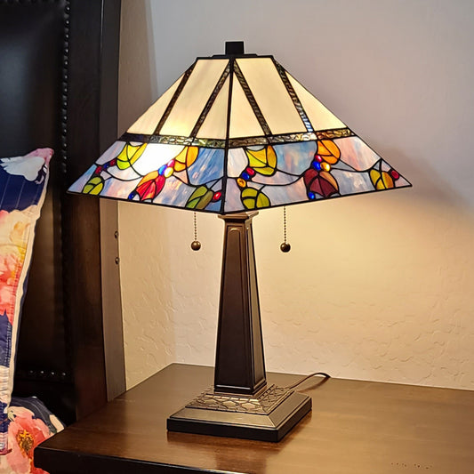 23" Cream and Blue Stained Glass Two Light Mission Style Table Lamp By Homeroots | Table Lamps | Modishstore
