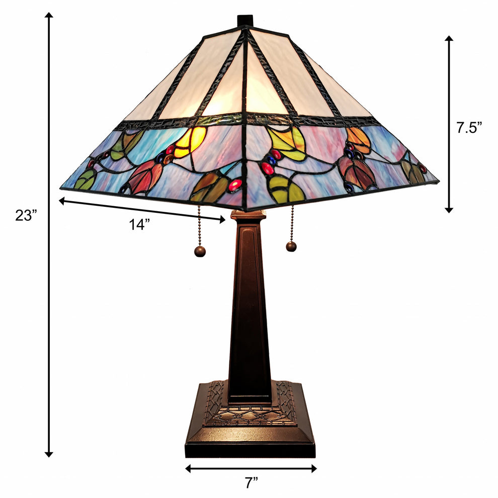 23" Cream and Blue Stained Glass Two Light Mission Style Table Lamp By Homeroots | Table Lamps | Modishstore - 5